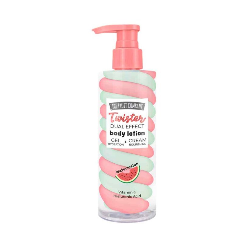 Loción Corporal Twister Sandía Dual Effect The Fruit Company loción corporal Twister sandía con vitamina C y ácido hialurónico en fórmula dual efecto gel y crema