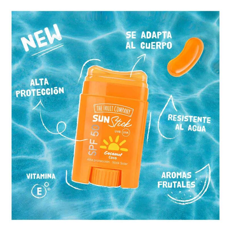 protector solar stick SPF50 resistente al agua con vitamina E y aroma frutal