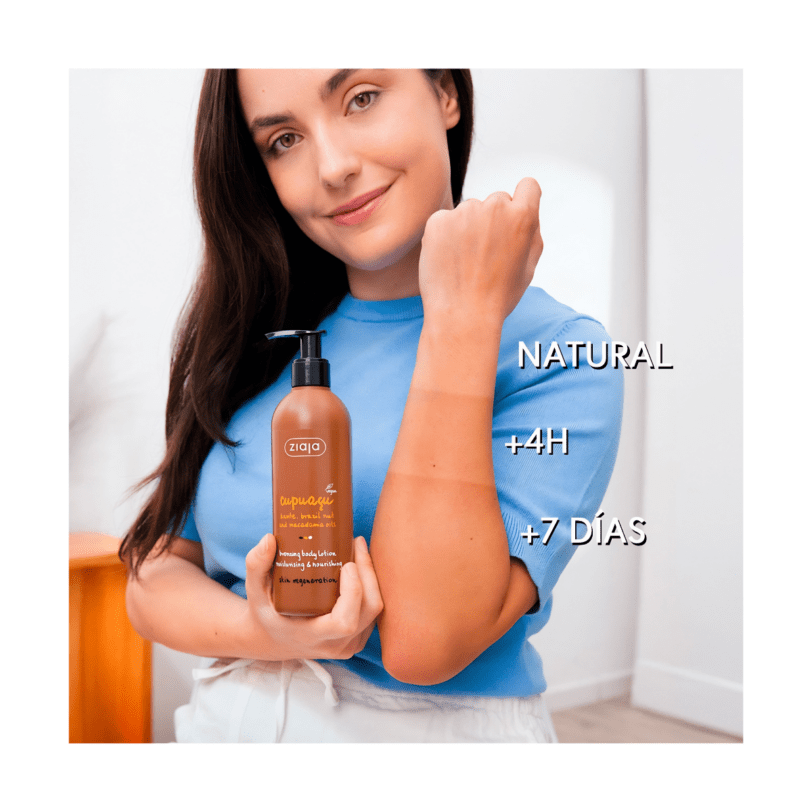 mujer mostrando resultado natural de la loción autobronceadora Ziaja Cupuaçu en la piel