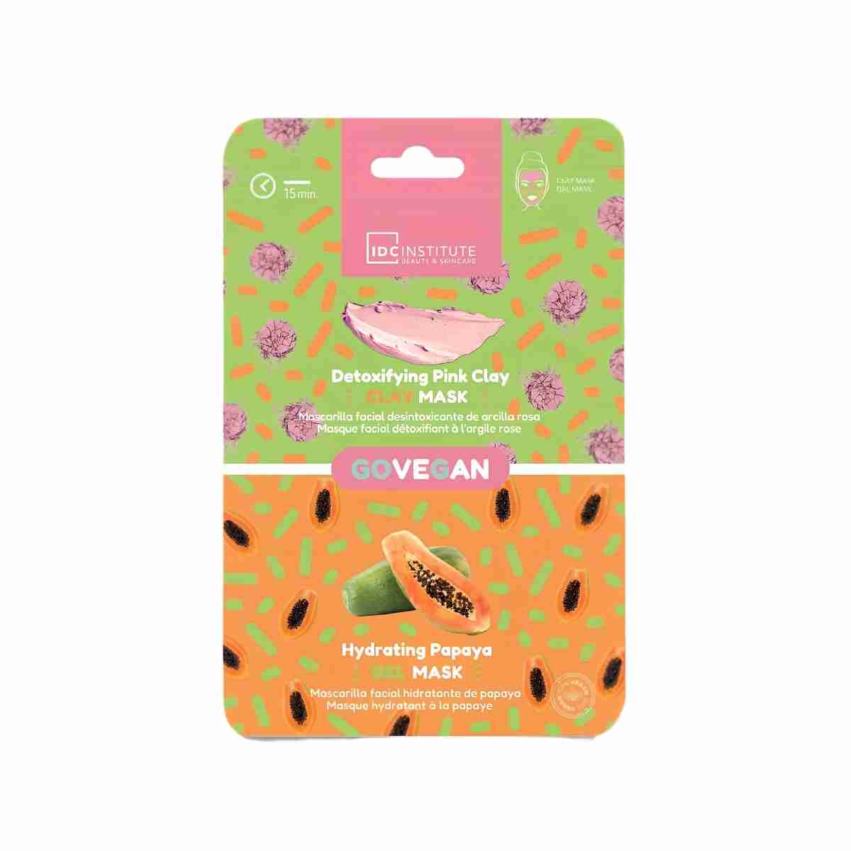 mascarilla facial doble idc institute arcilla rosa detox y gel de papaya hidratante vegana cuidado facial