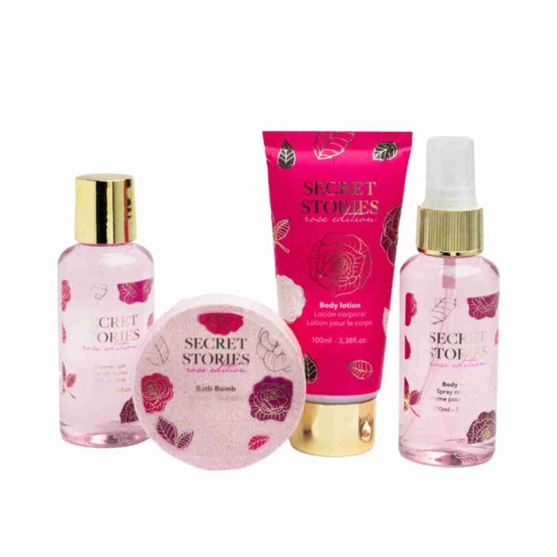 productos del set secret stories idc institute gel ducha locion corporal bruma y bomba de baño aroma floral