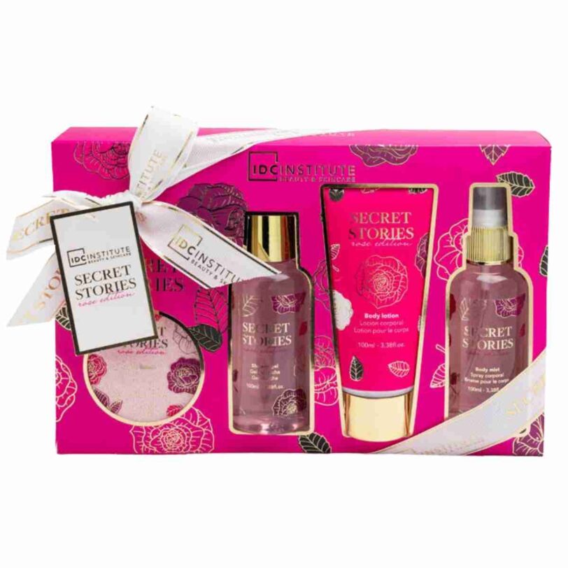 Set Secret Stories IDC Institute detalle packaging detalle del set secret stories idc institute con diseño floral rosa y productos de cuidado corporal