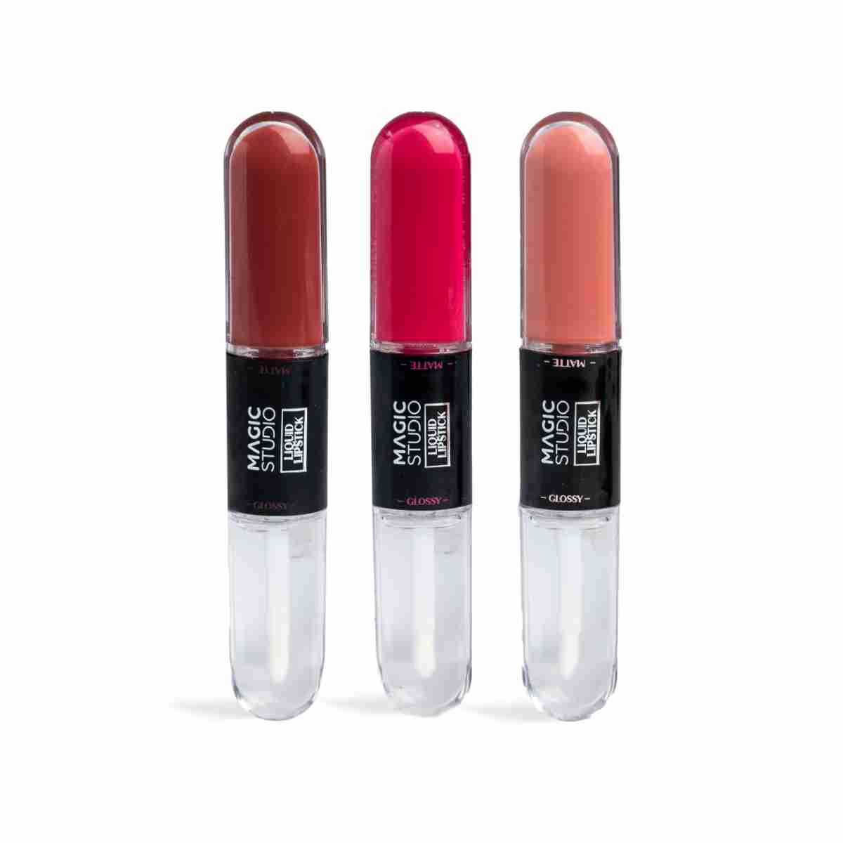 Labial líquido Magic Studio Glossy en tonos Burgundy Crush, Red Attraction y Soft Blossom