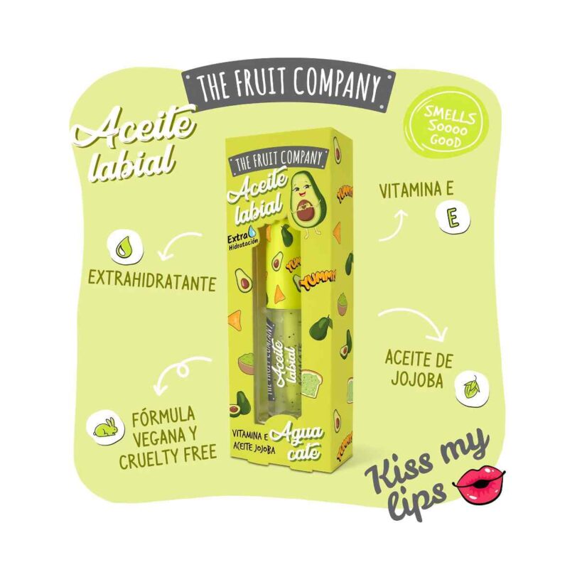 Aceite labial Aguacate de The Fruit Company con vitamina E y aceite de jojoba, extra hidratante y con fórmula vegana cruelty free.