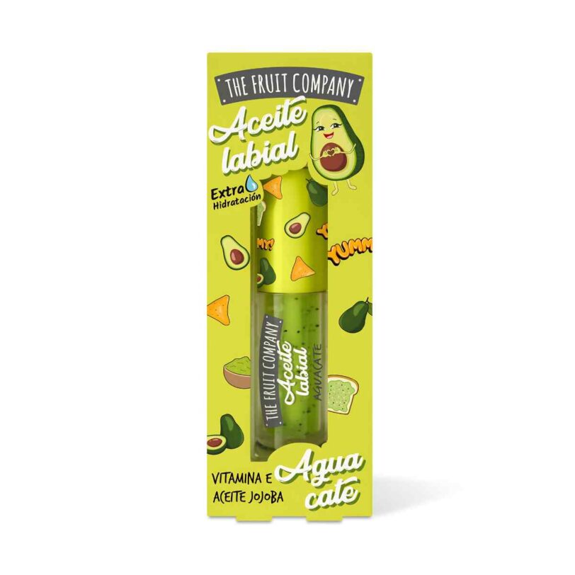Aceite Labial Aguacate The Fruit Company en caja frontal Aceite labial Aguacate The Fruit Company en formato 3,6 ml con vitamina E, aceite de jojoba y efecto extra hidratante.