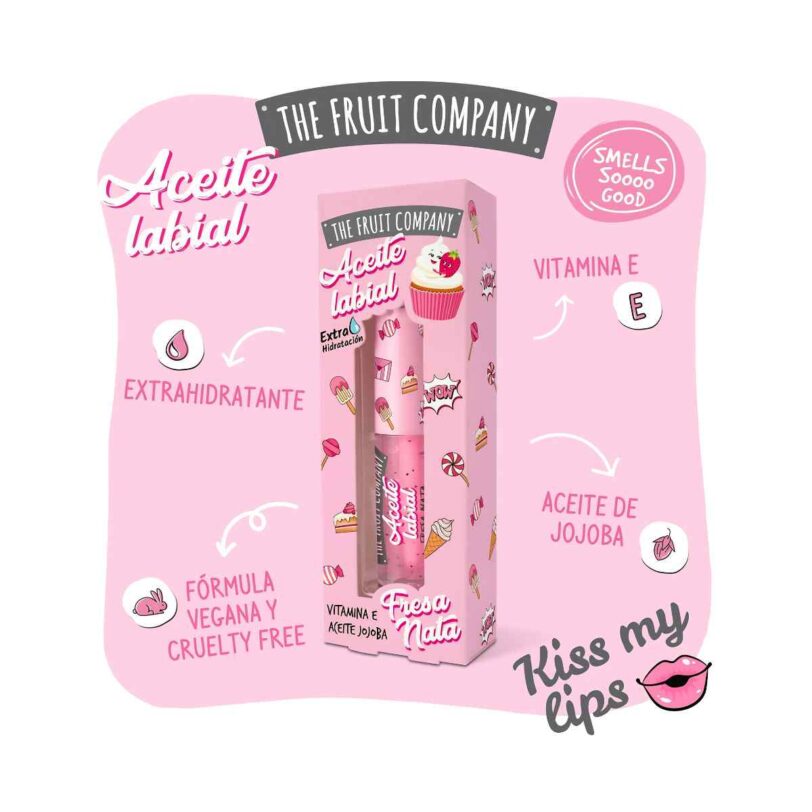 Aceite labial Fresa Nata de The Fruit Company extra hidratante con vitamina E, aceite de jojoba y fórmula vegana cruelty free.