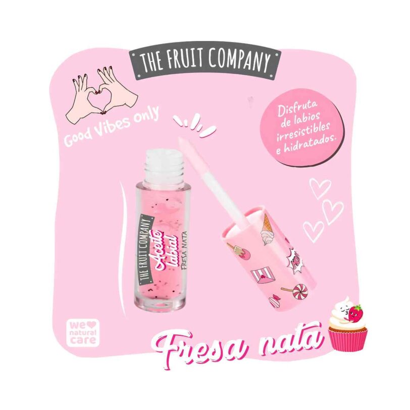 Aceite labial Fresa Nata de The Fruit Company con aplicador suave, textura brillante y fórmula hidratante para labios cuidados.