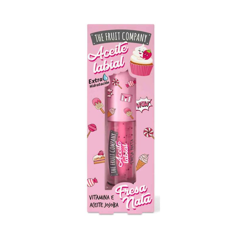 Aceite Labial Fresa Nata The Fruit Company en caja frontal Aceite labial Fresa Nata The Fruit Company en formato 3,6 ml con vitamina E, aceite de jojoba y efecto extra hidratante.
