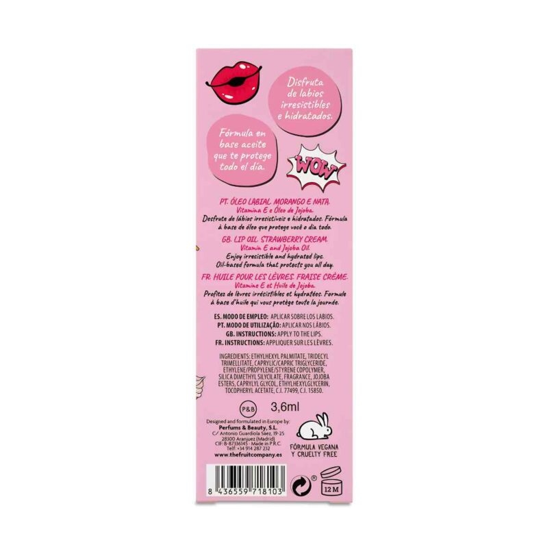 Parte trasera del Aceite Labial Fresa Nata The Fruit Company con fórmula vegana, cruelty free, vitamina E y aceite de jojoba.