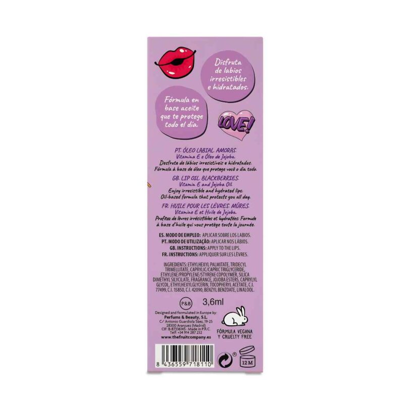 Parte trasera del Aceite Labial Moras The Fruit Company con información del producto, fórmula vegana, cruelty free y contenido de 3,6 ml.