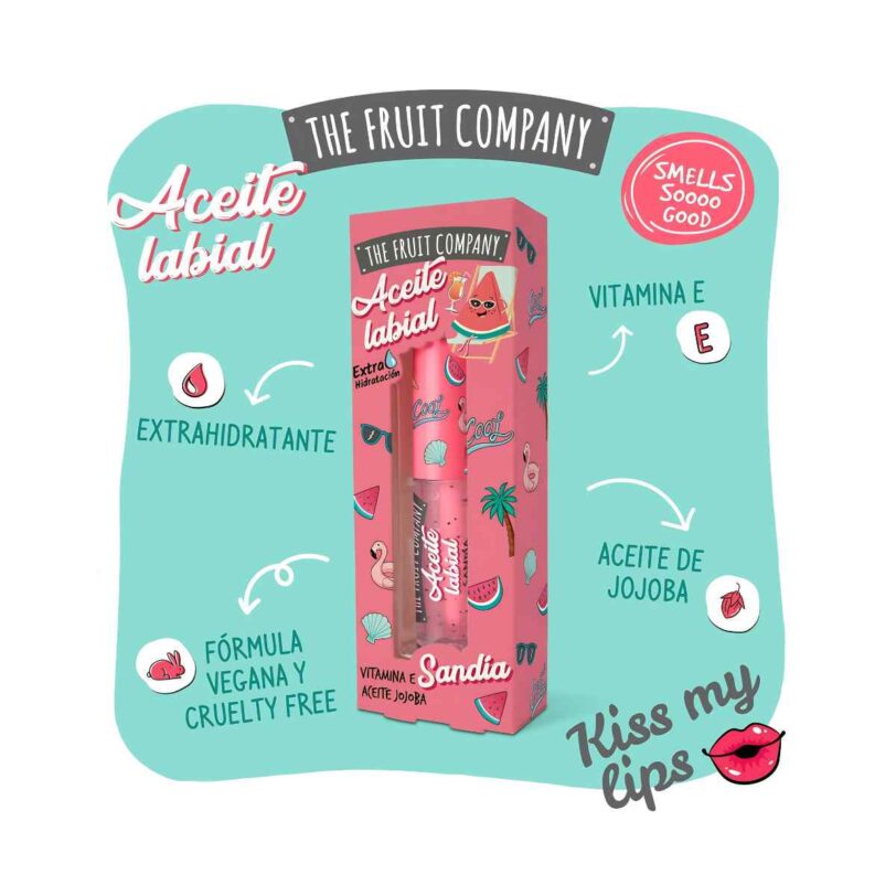 Aceite labial Sandía The Fruit Company presentado con su caja, destacando su efecto extra hidratante, vitamina E y aceite de jojoba.