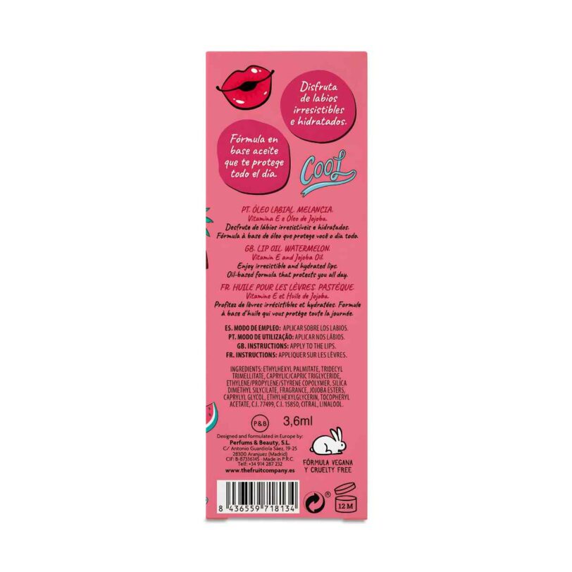 Parte trasera del Aceite Labial Sandía de The Fruit Company con información del producto, fórmula vegana y contenido de 3,6 ml.