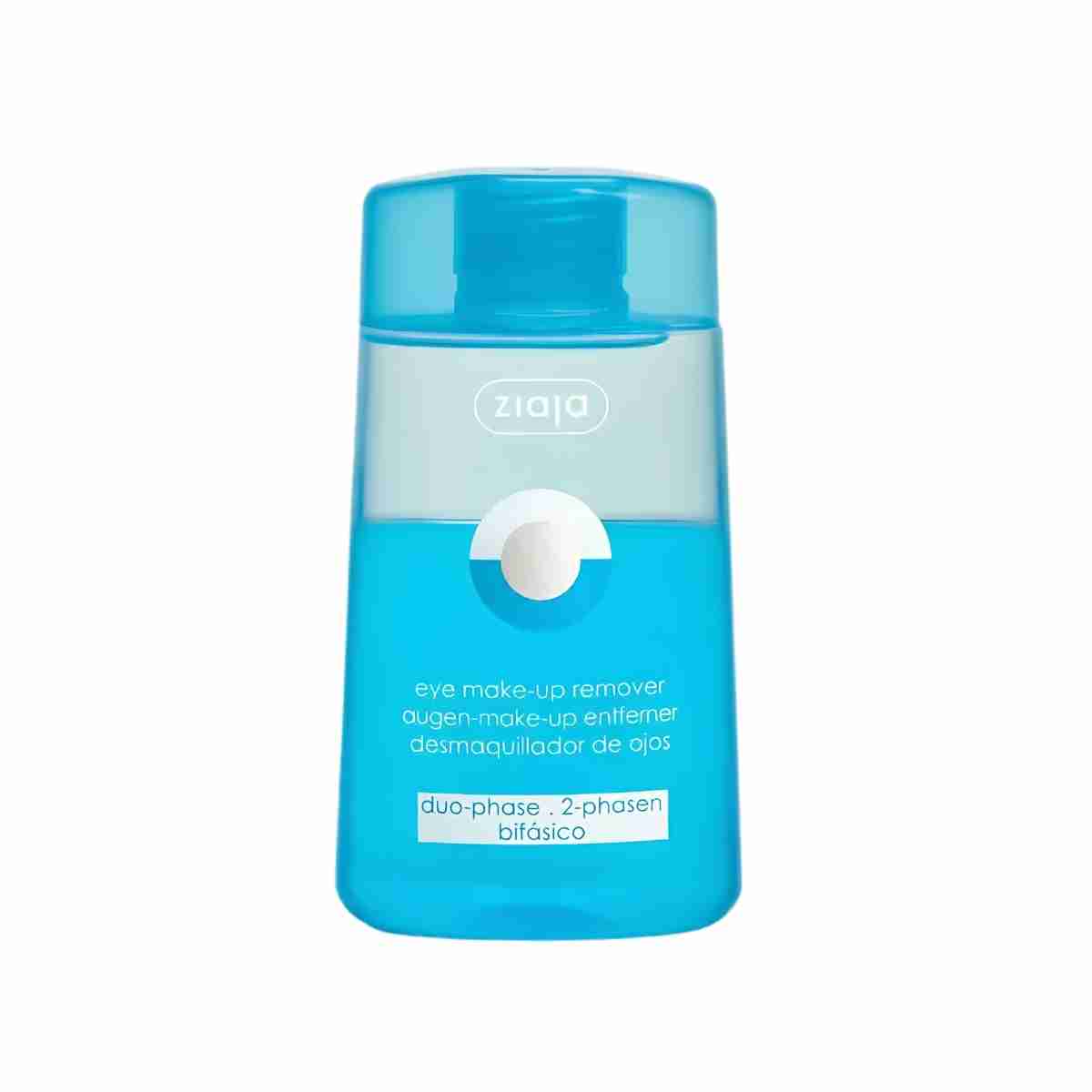 Desmaquillante de ojos bifásico Ziaja en formato líquido azul para maquillaje resistente al agua