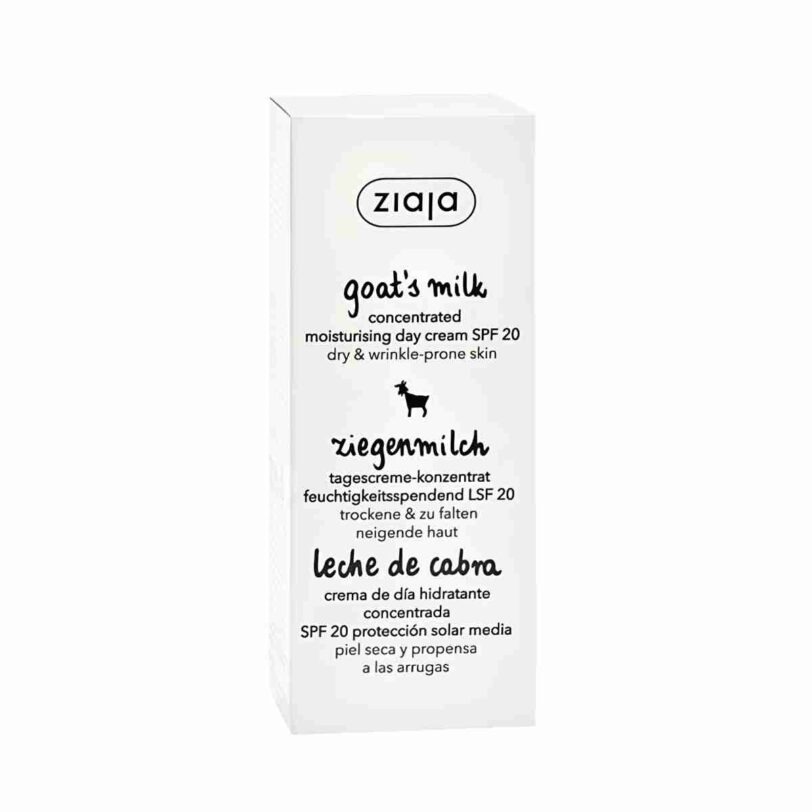 Crema facial hidratante concentrada de día SPF 20 Ziaja Leche de Cabra presentada con su caja original.