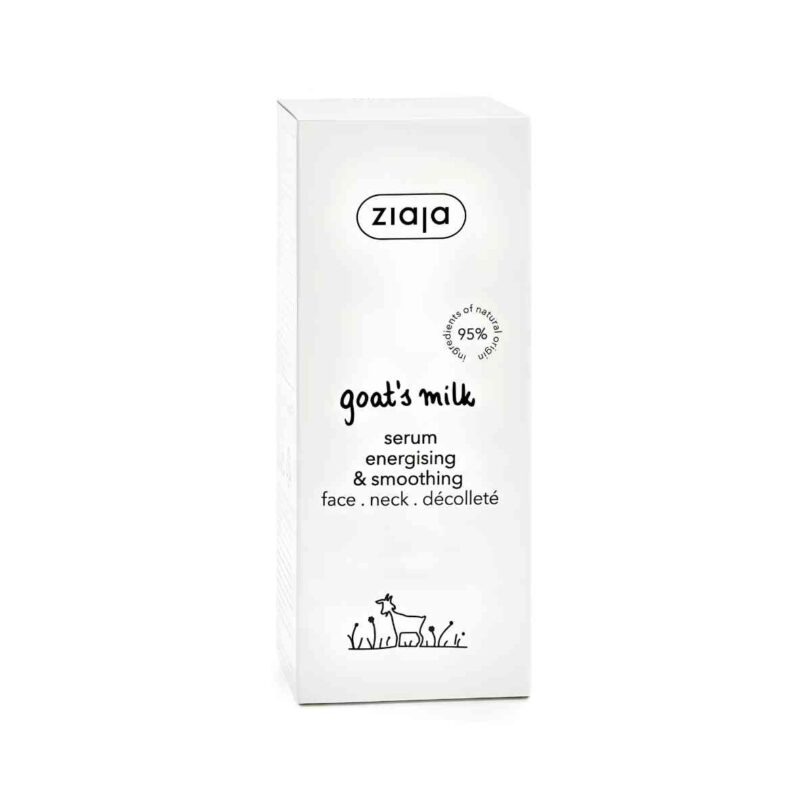 Sérum facial suavizante y energizante Ziaja Leche de Cabra para rostro, cuello y escote con envase y caja original.