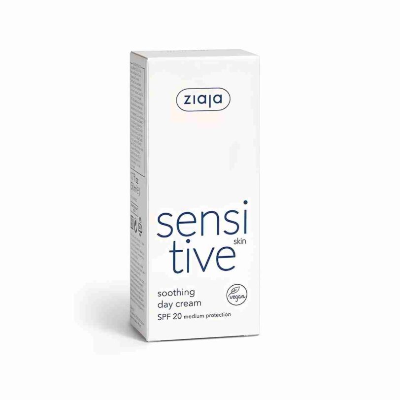 Caja de la crema facial calmante de día Ziaja Sensitive SPF 20 para piel sensible
