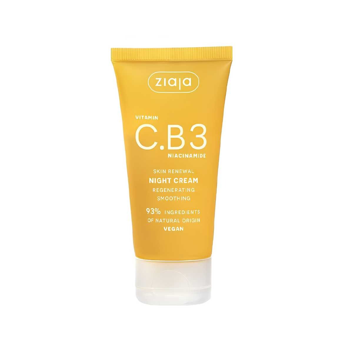 Crema facial de noche regeneradora Ziaja Vitamina C.B3 con niacinamida para hidratar, alisar e iluminar la piel durante la noche.