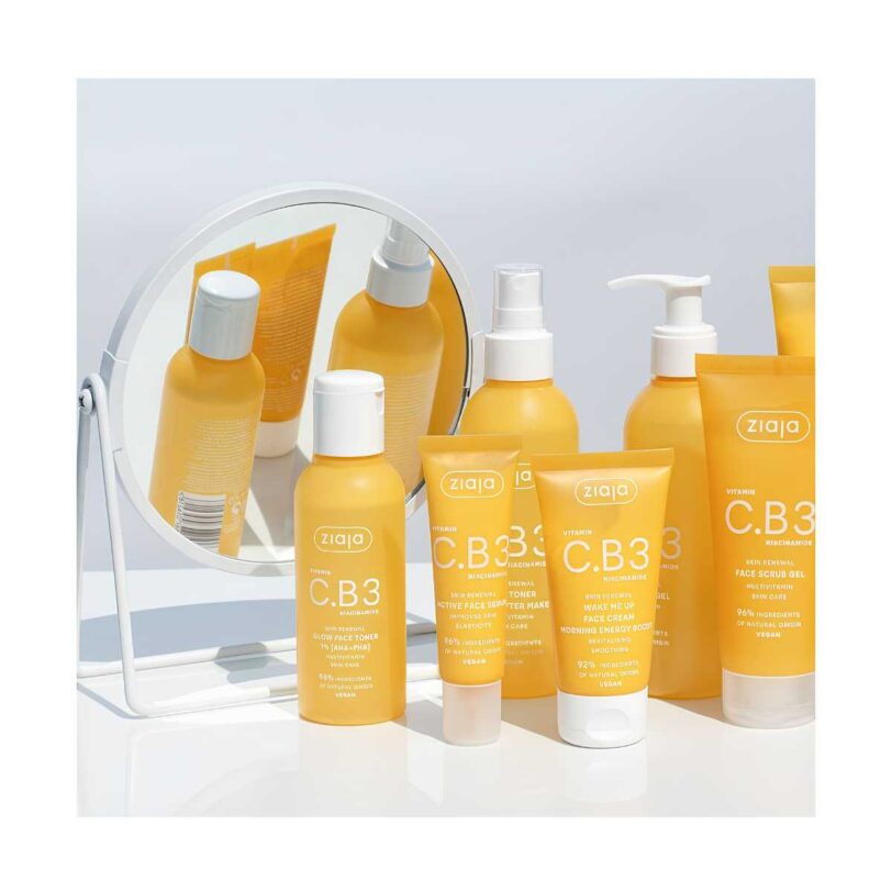 Productos de la línea Ziaja Vitamina C.B3 Niacinamida para una rutina completa de cuidado facial.