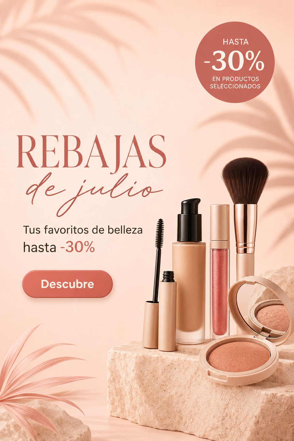 Banner promocional de rebajas de julio en productos de maquillaje y belleza, con base de maquillaje, máscara de pestañas, gloss, brocha y polvos compactos con descuento de hasta el 30%.