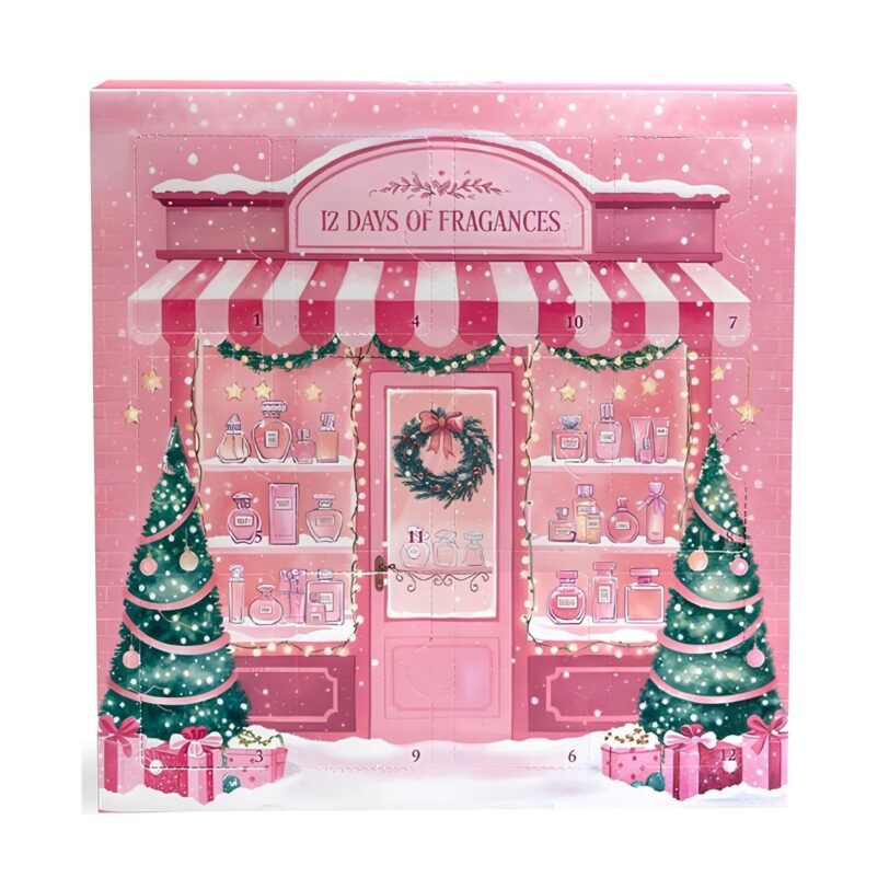AQC 12 Days of Fragrances Calendario de Adviento de Perfumesario-adviento-perfumes Calendario de Adviento AQC 12 Days of Fragrances con diseño navideño rosa y 12 compartimentos de perfumes.