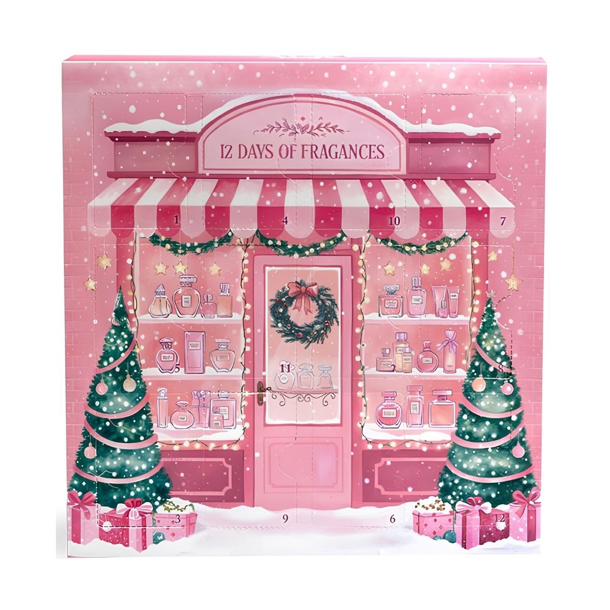 Calendario de Adviento AQC 12 Days of Fragrances con diseño navideño rosa y 12 compartimentos de perfumes.