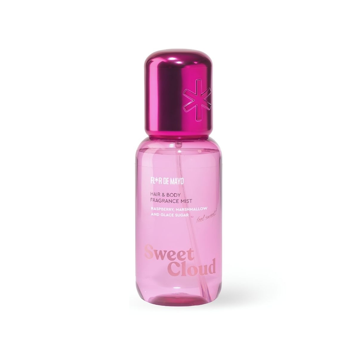 Frasco rosa de 250 ml de Hair & Body Fragrance Mist Sweet Cloud de Flor de Mayo con tapón fucsia metalizado