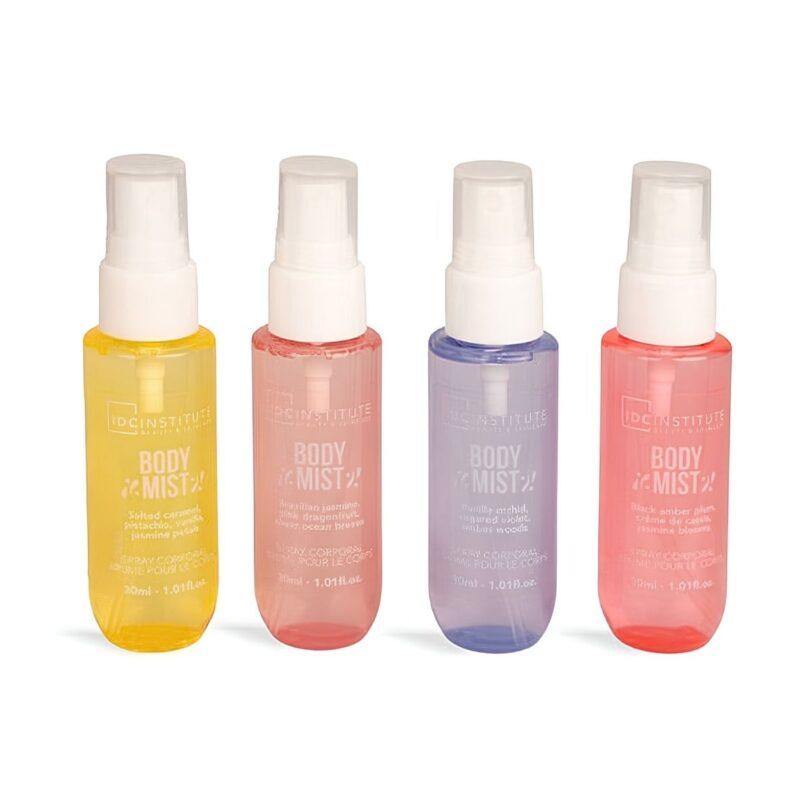 Cuatro brumas corporales IDC Institute Radiant Skin en tonos amarillo, rosa, lila y coral con formato spray.