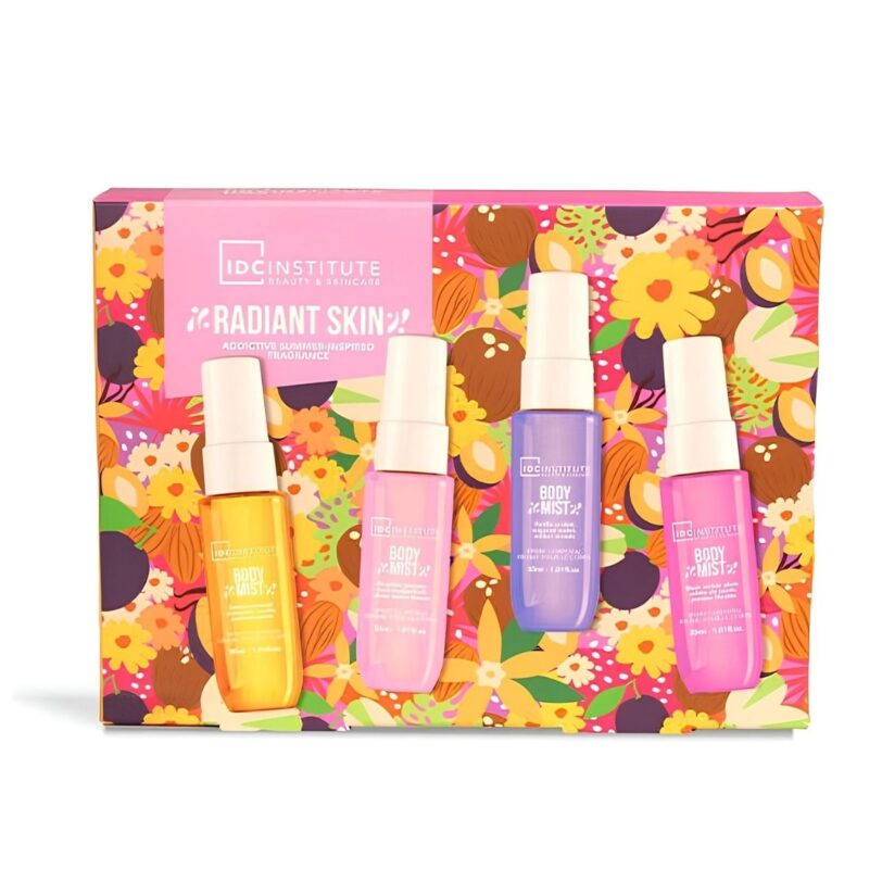 IDC Institute Radiant Skin Body Mist Collection Set de Brumas Corporales Set IDC Institute Radiant Skin Body Mist Collection con cuatro brumas corporales en diferentes colores y fragancias.