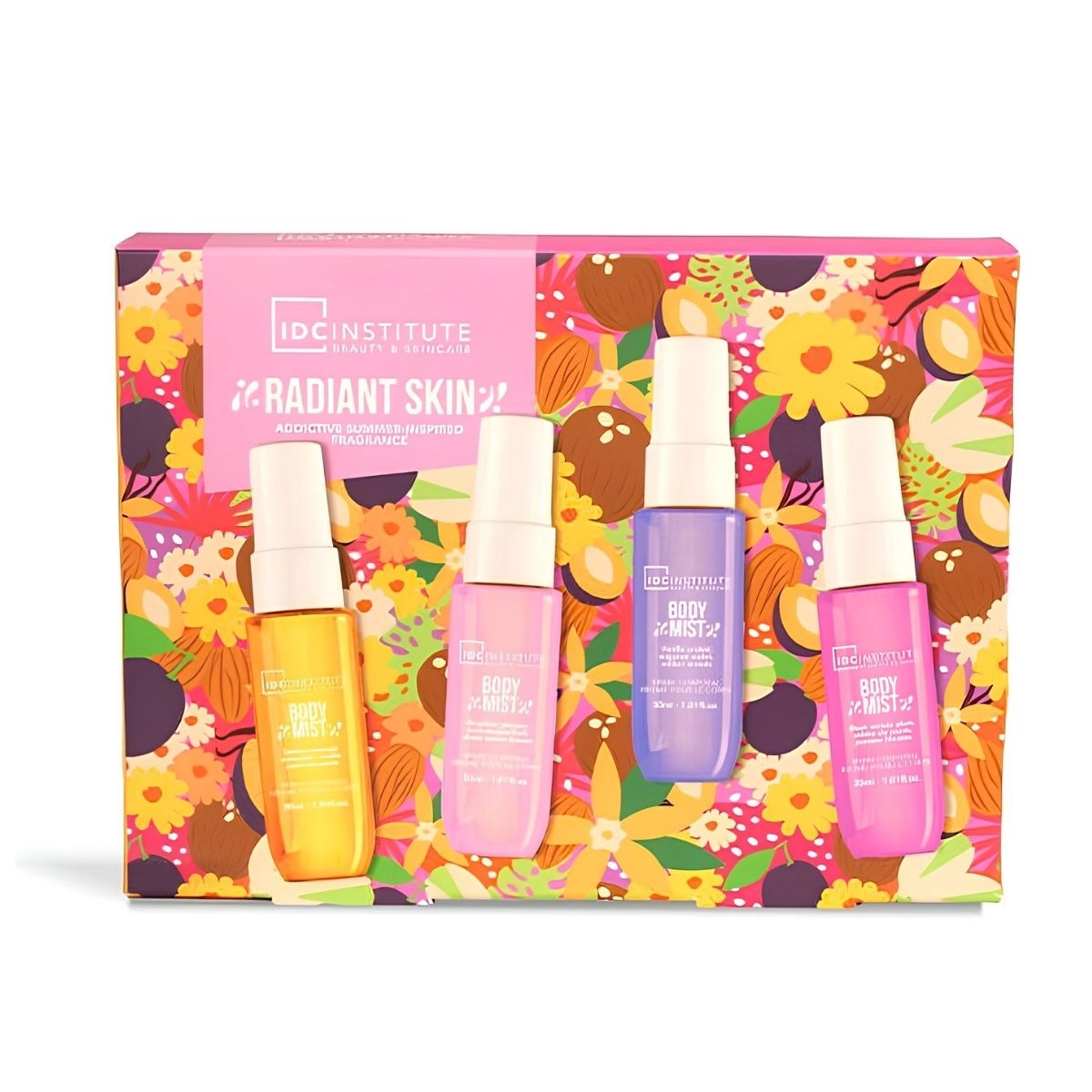 Set IDC Institute Radiant Skin Body Mist Collection con cuatro brumas corporales en diferentes colores y fragancias.