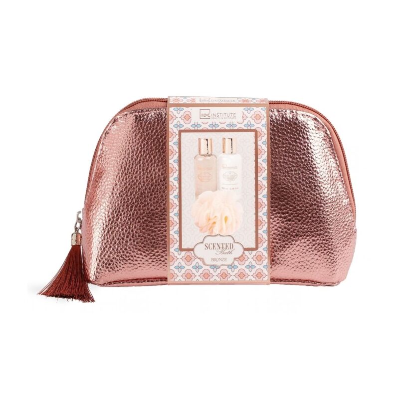 Set de baño IDC Institute Scented Bath Bronze de 4 piezas con neceser metalizado color bronce, gel de ducha, loción corporal y esponja