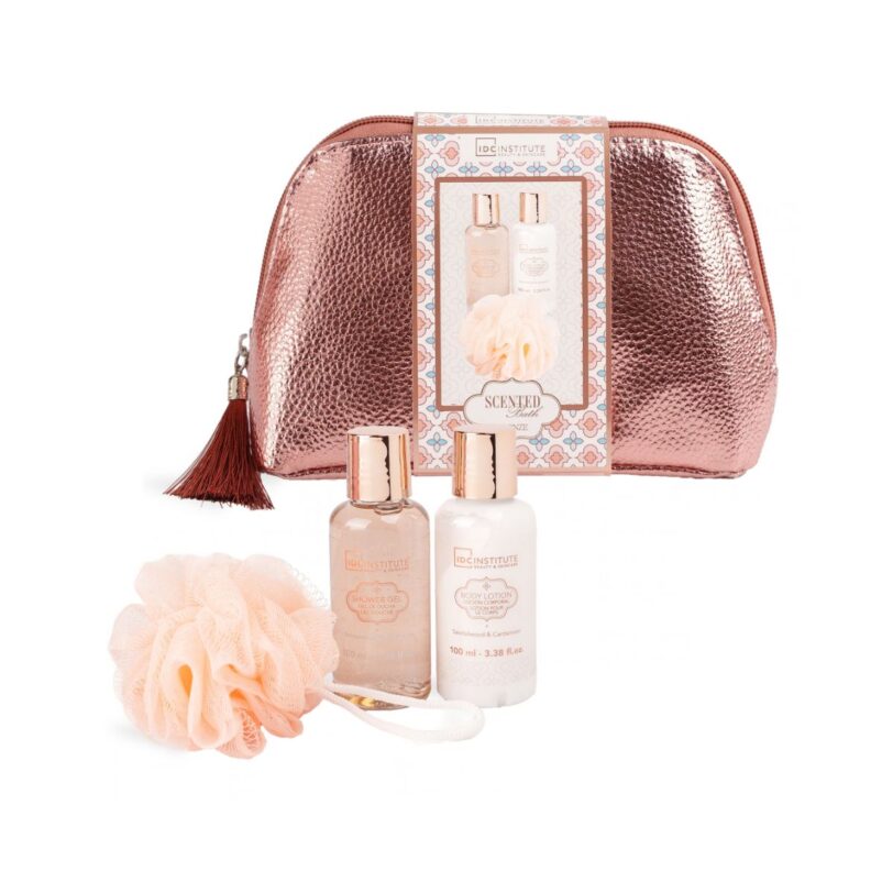 IDC Institute Scented Bath Bronze Bag Set – Gel y Loción Corporal Set de regalo IDC Institute con neceser bronce, gel de ducha, loción corporal y esponja de baño