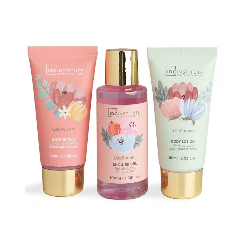 Productos IDC Institute Wildflowers con exfoliante corporal de 60 ml, gel de ducha de 100 ml y loción corporal de 60 ml