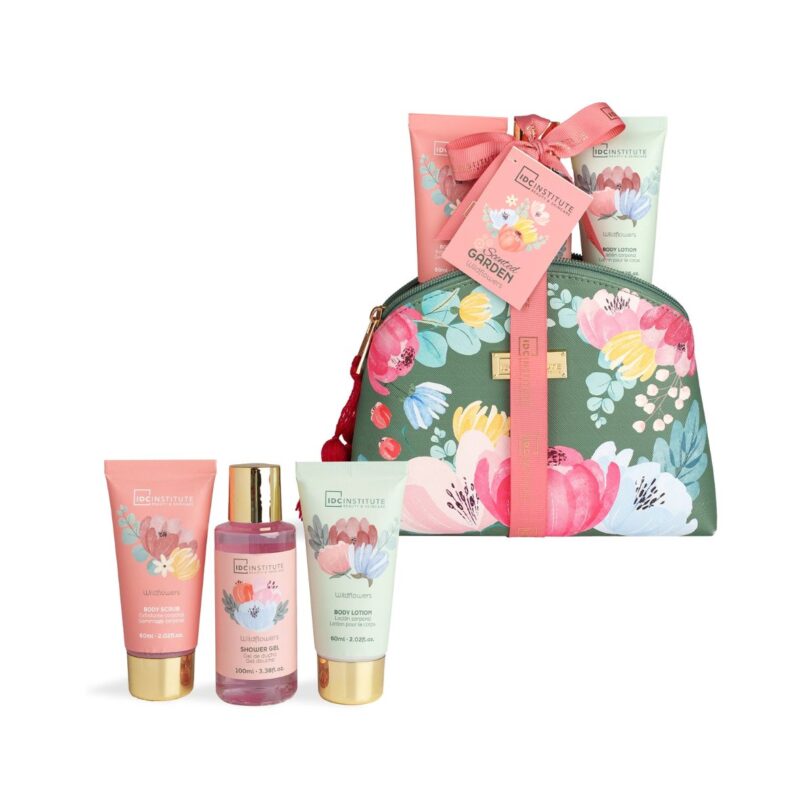 IDC Institute Scented Garden Gift Set con Neceser Cofre IDC Institute Scented Garden con neceser floral, exfoliante corporal, gel de ducha y loción corporal
