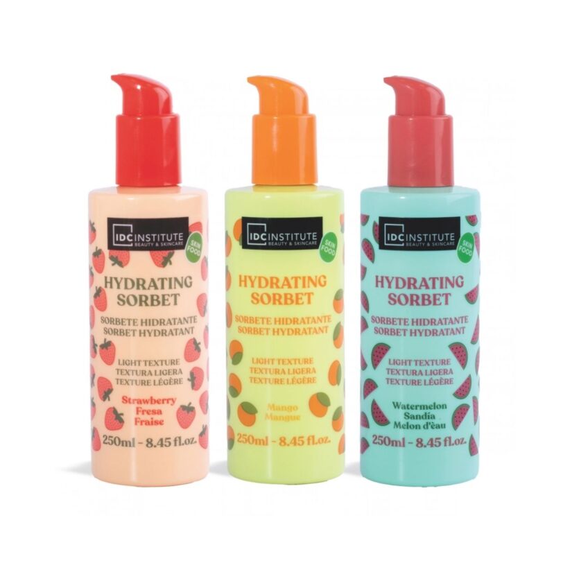 IDC Institute Skin Food Hydrating Sorbet – Fresa, Mango y Sandía Sorbetes hidratantes corporales IDC Institute Skin Food en aromas de fresa, mango y sandía de 250 ml