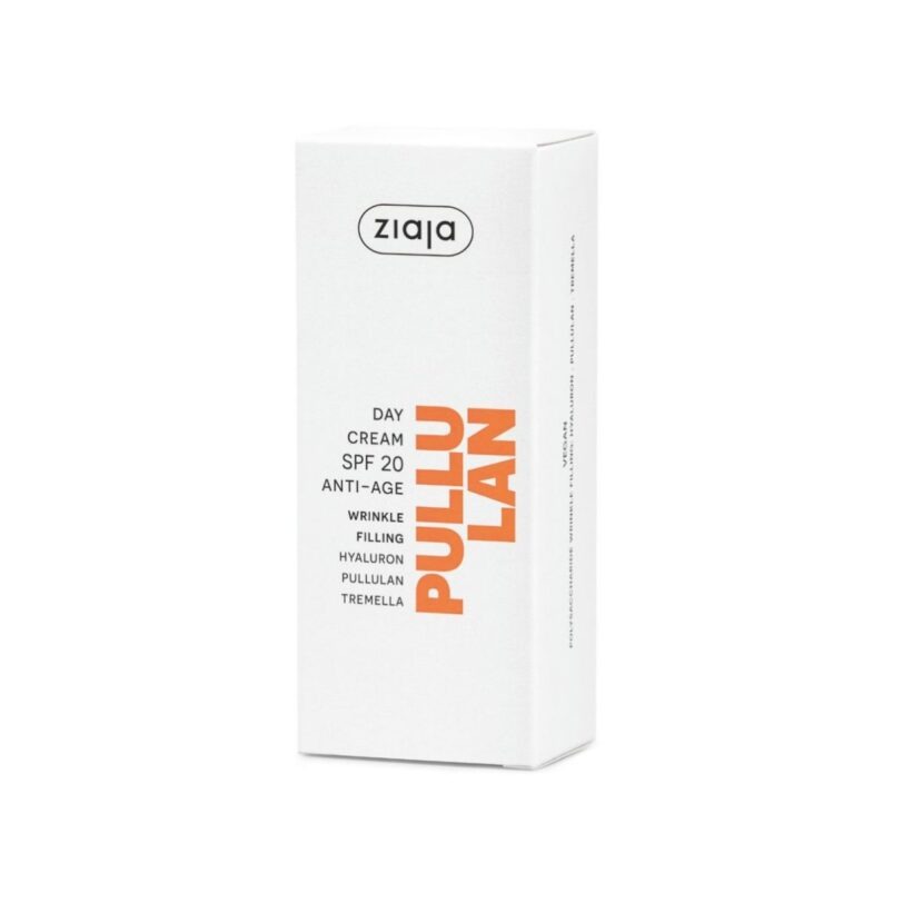 Caja de la crema facial Ziaja Pullulan de día con SPF 20 y fórmula antiedad.