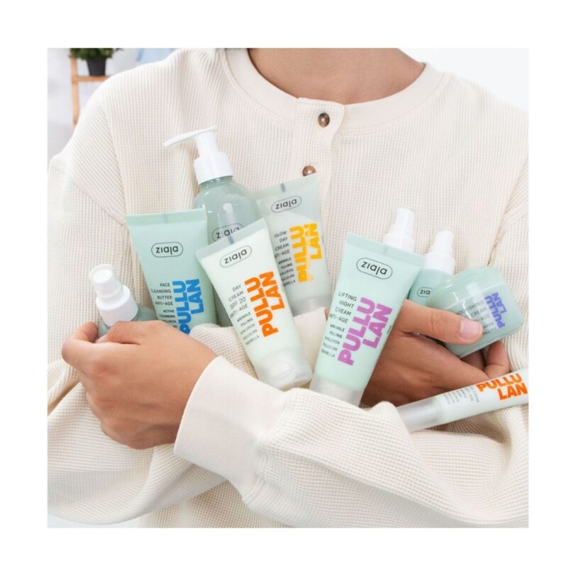 Productos faciales Ziaja Pullulan presentados en una rutina de cuidado diario.