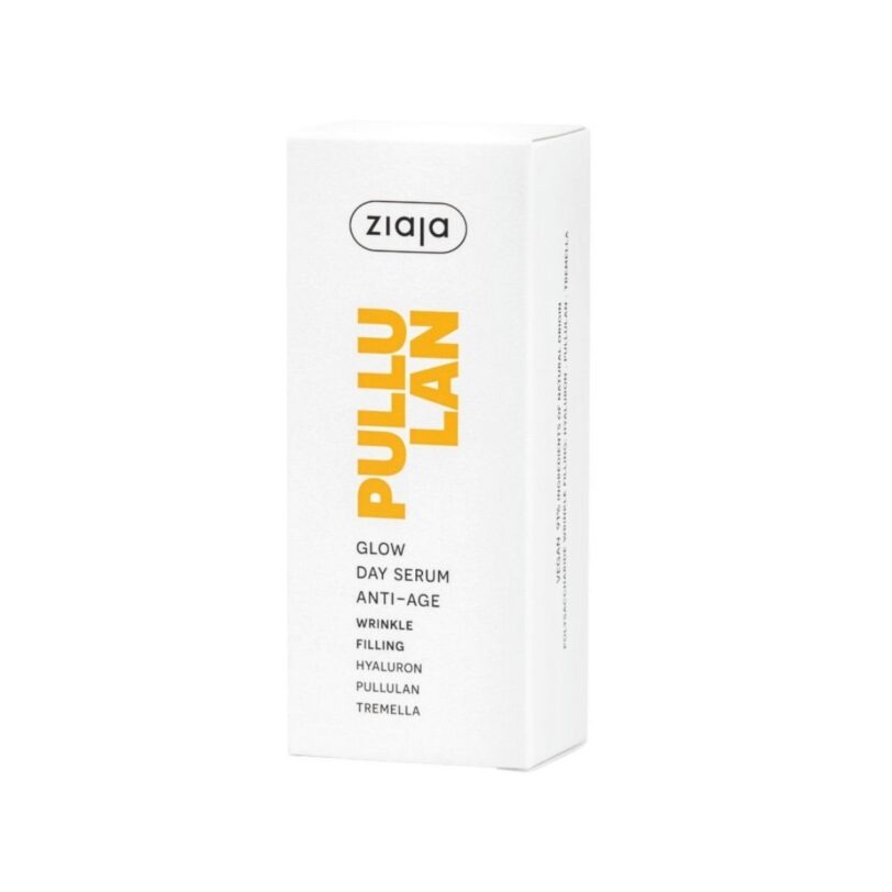Caja del sérum de día antiedad Ziaja Pullulan con efecto rellenador de arrugas indicado en el envase.